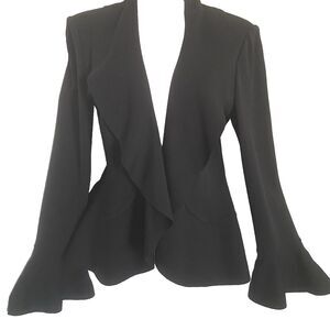 St. John Black Knit Cardigan Jacket Sweater Open Front Ruffle Peplum Sz 10